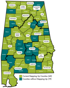 map of Alabama showing which counties have Stepping Up versus which do not
