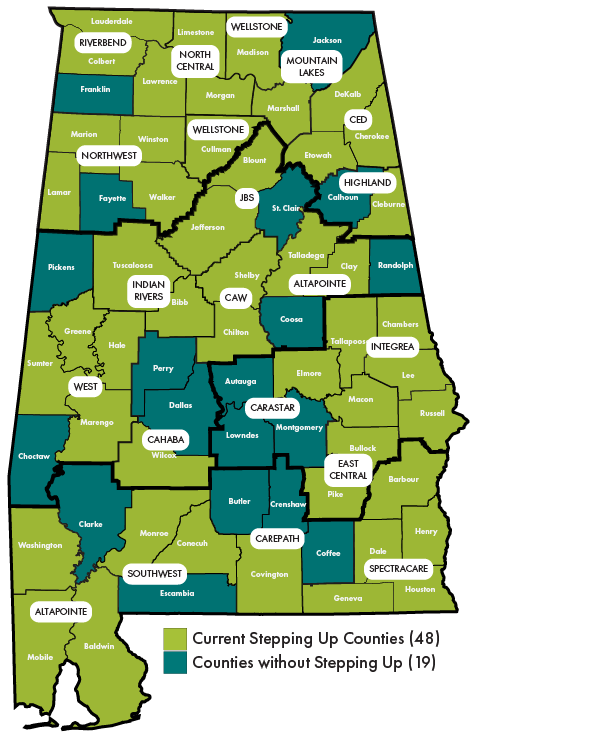 map of Alabama showing which counties have Stepping Up versus which do not