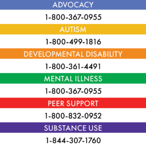 List of phone numbers for ADMH: Advocacy 1-800-367-0955, Autism 1-800-499-1816, Developmental Disability 1-800-361-4491, Mental Illness 1-800-367-0955. Peer Support 1-800-832-0952, Substance Use 1-844-307-1760