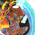 a drawing of a female figure with fire on one side and water on the other