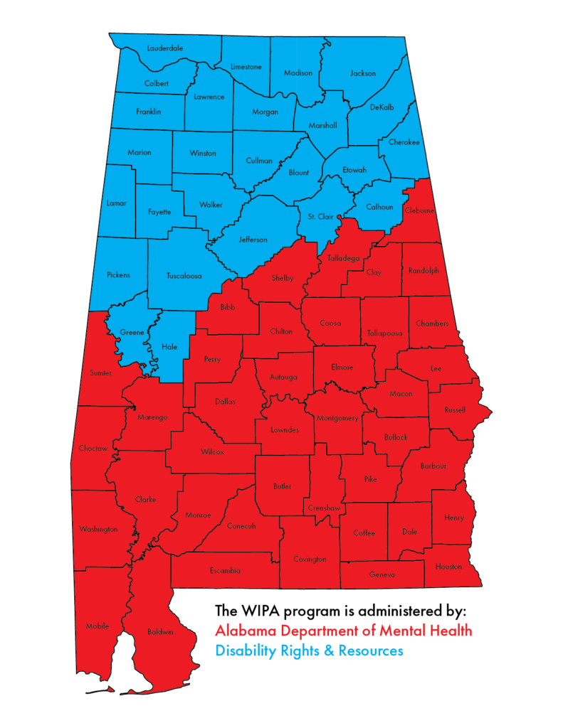 Map of the state of Alabama depicting a northern portion of the state where the WIPA program is administered by Disability Rights & Resources, and a southern portion of the state where the WIPA program is administered by ADMH.