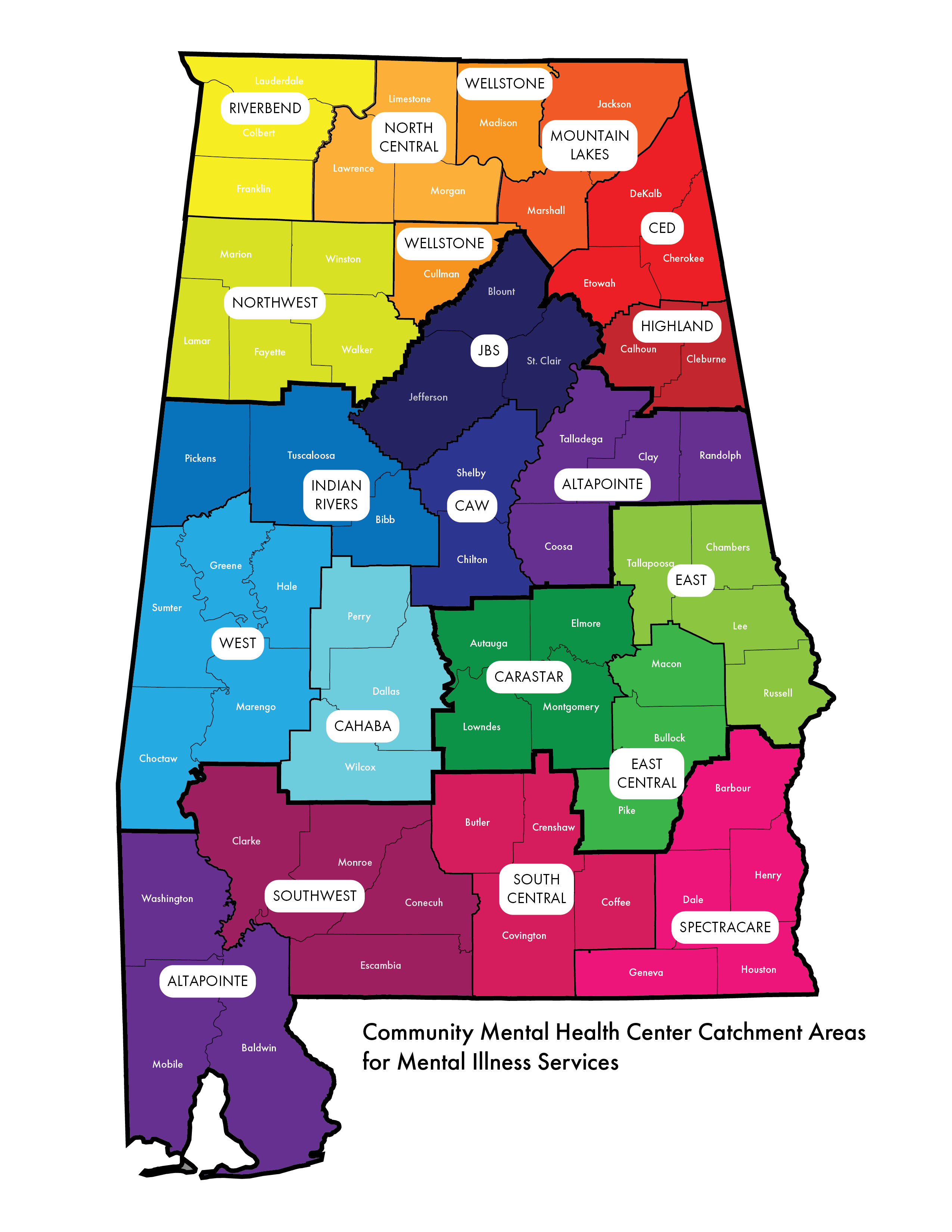 Map of Community Mental Health Center catchment areas for Mental Illness services