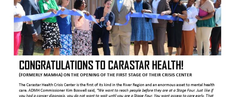 Front cover of newsletter with image of ribbon cutting of crisis center
