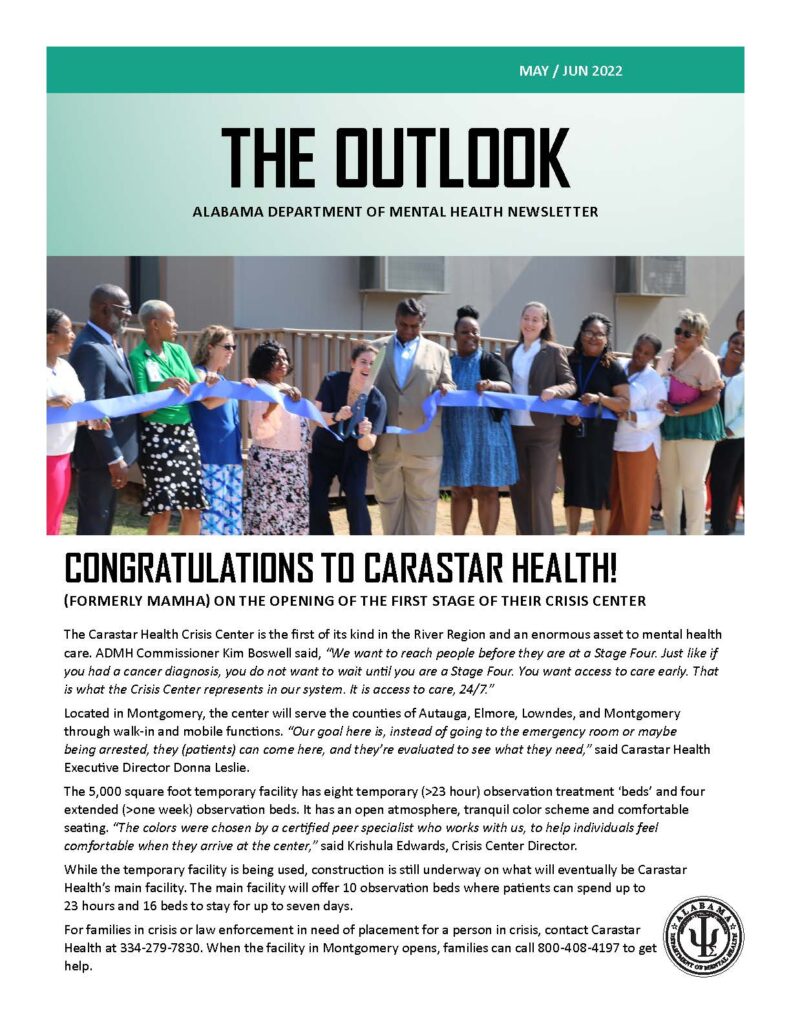 Front cover of newsletter with image of ribbon cutting of crisis center