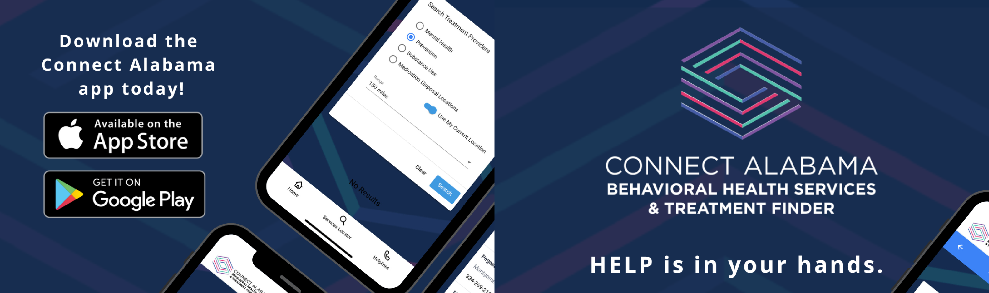 Click to learn more about the Connect Alabama Behavioral Health Services & Treatment Finder app. Help is in your hands.