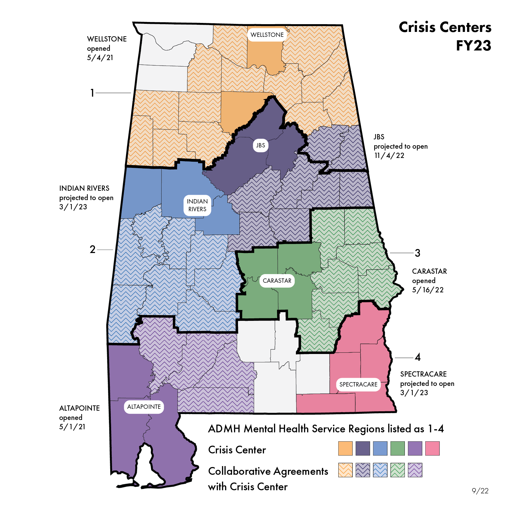 Map of Alabama showing the all counties being covered by future six Crisis Centers except for Butler, Coffee, Colbert, Covington, Crenshaw, Franklin, and Lauderdale.