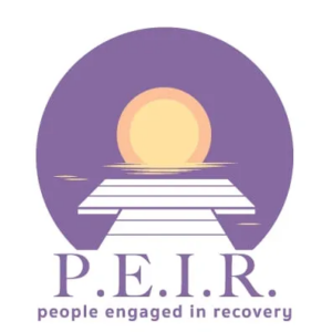 PEIR logo featuring a wooden pier extending over water, symbolizing the journey of recovery and support.