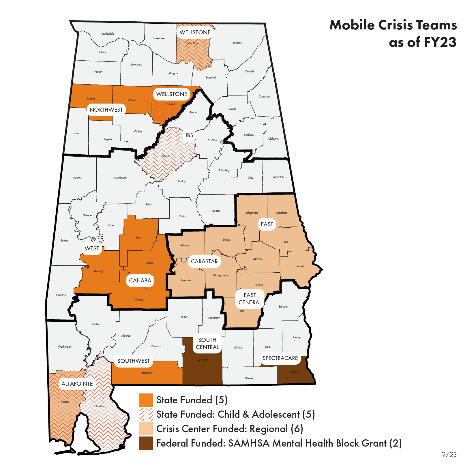 Map of Alabama showing mobile crisis services available in the following counties: Covington, Cullman, Dallas, Escambia, Houston, Marengo, Marion, Perry, Wilcox, and Winston.