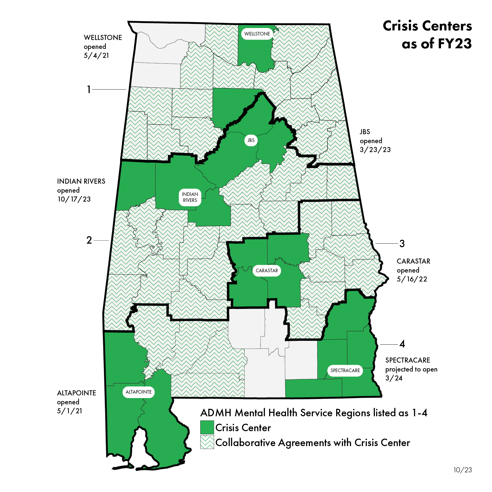 Map of Alabama showing counties being covered by operational and future Crisis Centers 