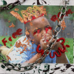 mixed media art piece with a boy with a crown and chains