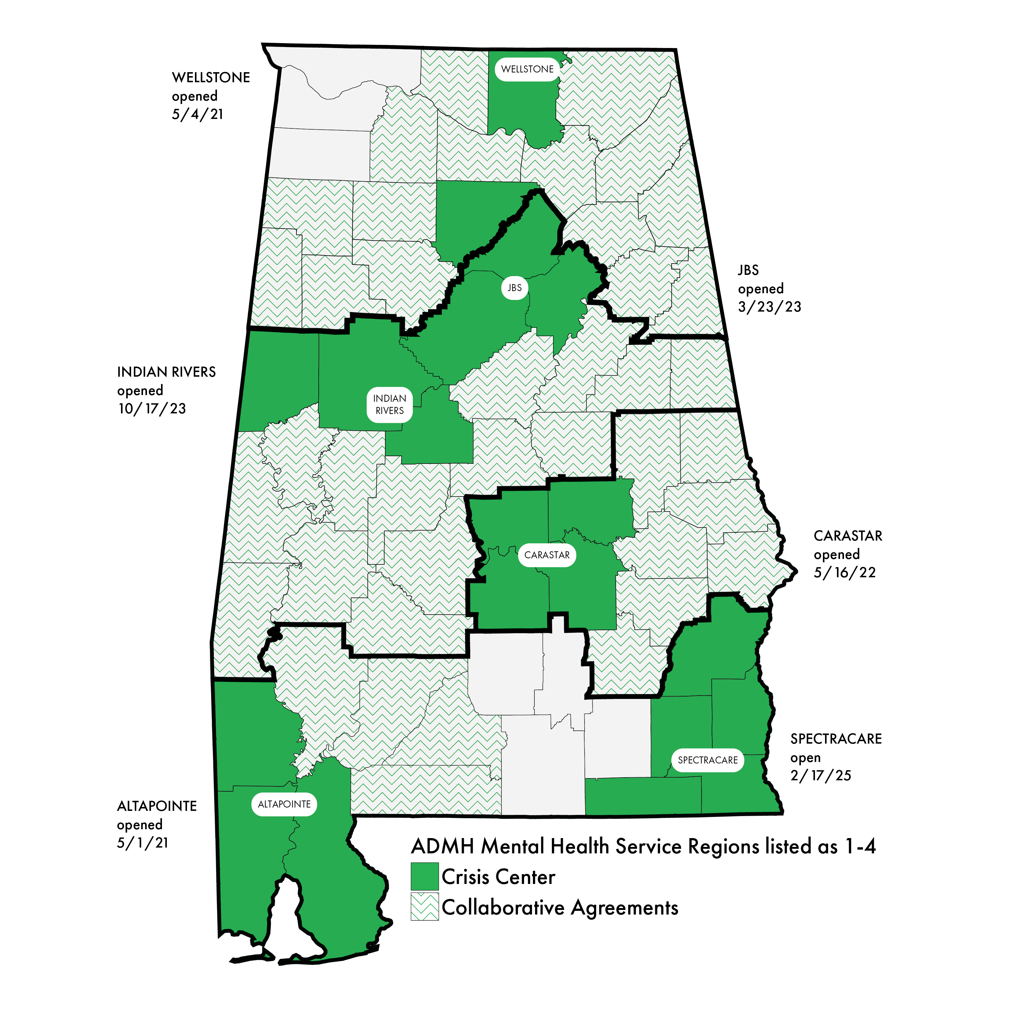 Map of Alabama showing the all counties being covered by future six Crisis Centers except for Butler, Coffee, Colbert, Covington, Crenshaw, Franklin, and Lauderdale.