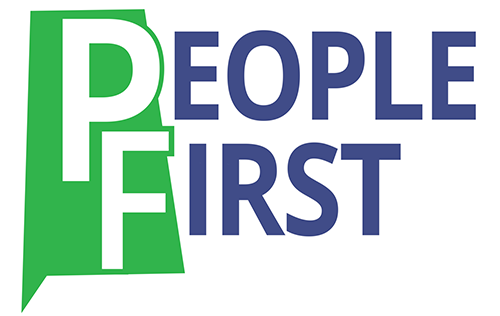 Logo of People First of Alabama featuring a stylized human figure and the organization's name in bold text.