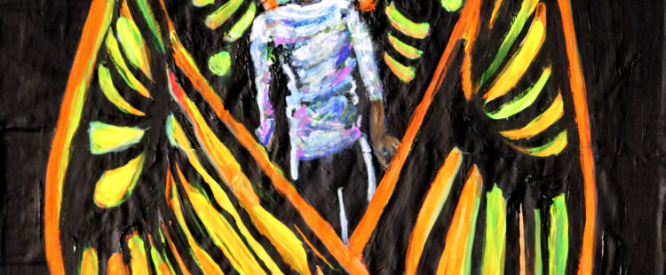 a person wearing a blindfold that is surrounded by giant butterfly wings
