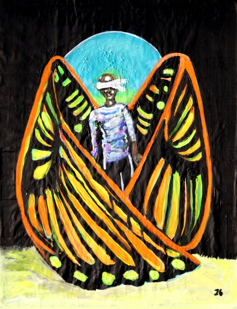 a person wearing a blindfold that is surrounded by giant butterfly wings