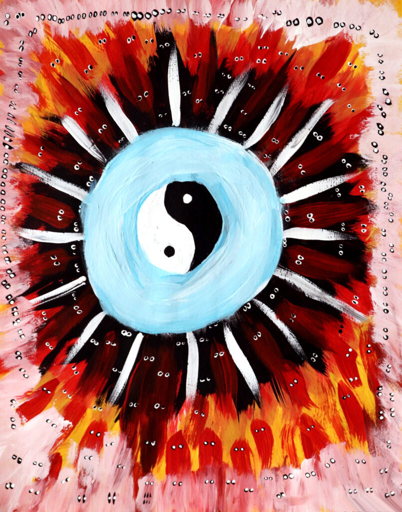 a yin yang symbol surrounded by tiny bubbles