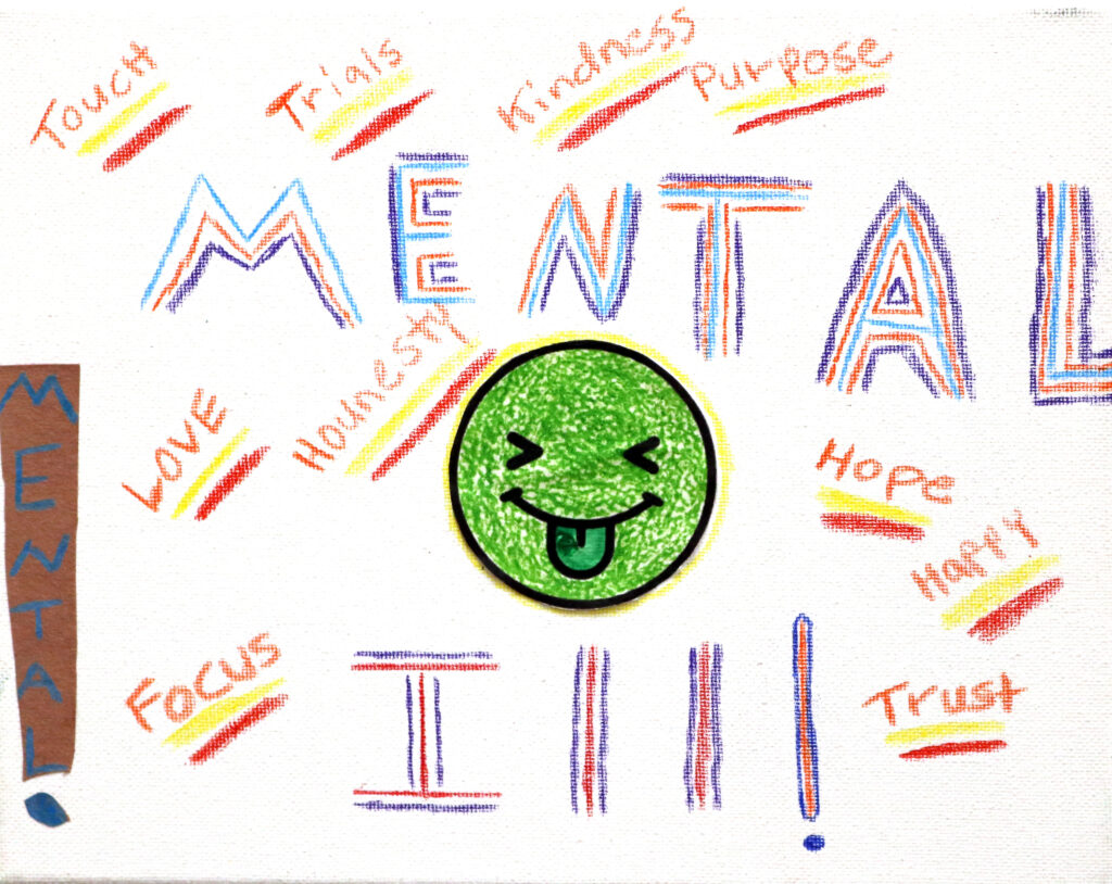 a smiley face sticking out its tongue surrounded by words