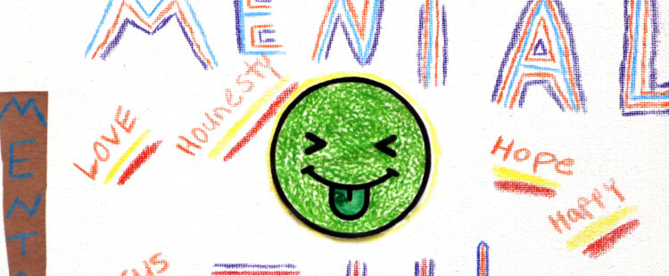 a smiley face sticking out its tongue surrounded by words