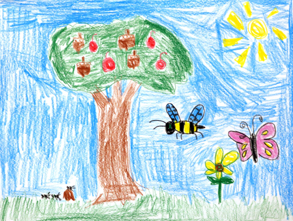 a tree on a sunny day with bees and butterflies