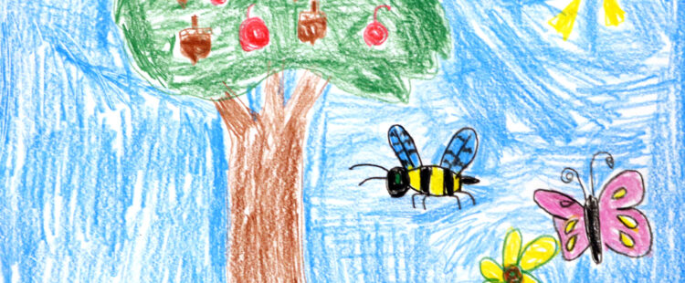 a tree on a sunny day with bees and butterflies