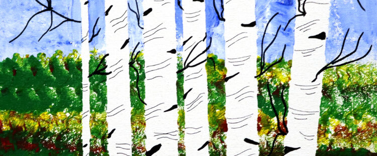 several white trees against a colorful landscape
