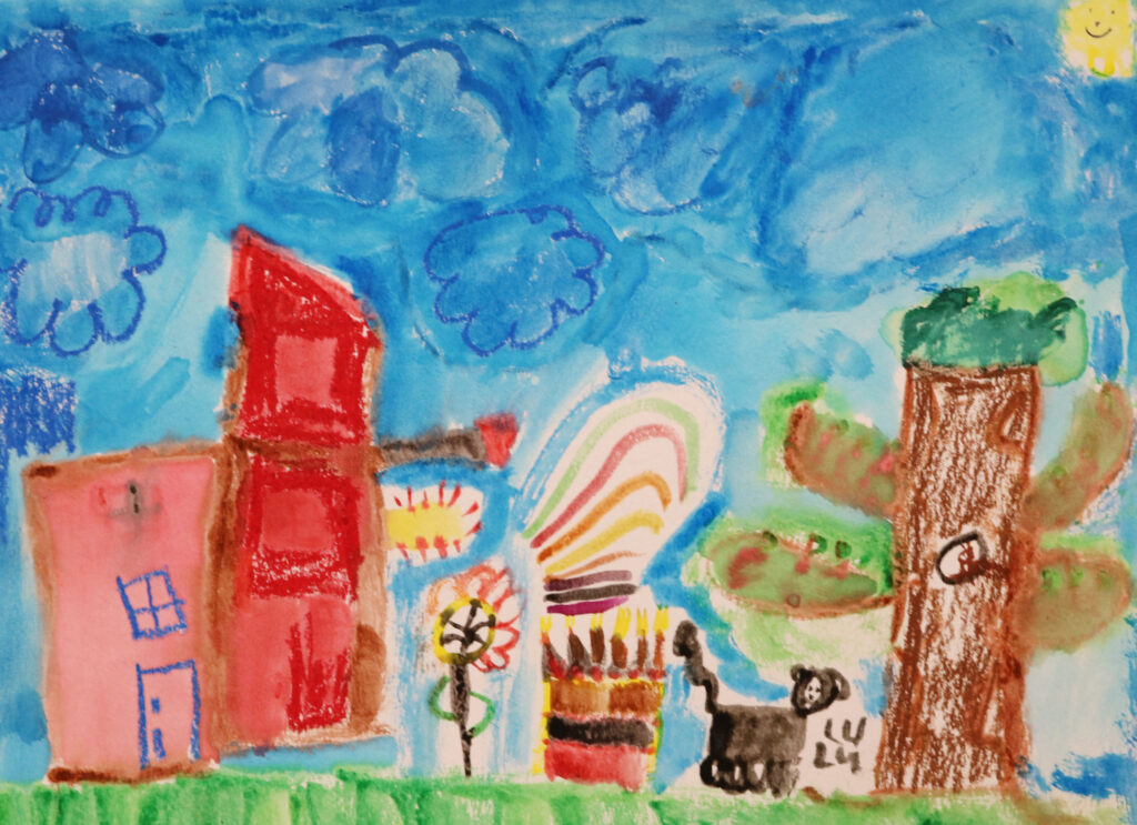 a landscape with trees, buildings and animals