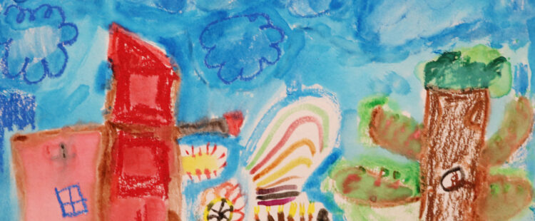 a landscape with trees, buildings and animals