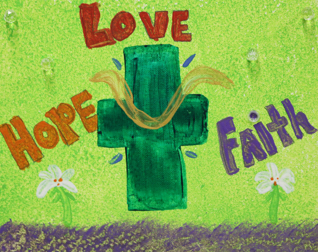 green cross with the words hope, love and faith around it