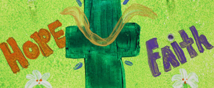 green cross with the words hope, love and faith around it