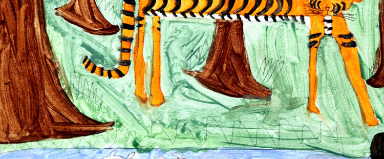 a tiger near a river with fish