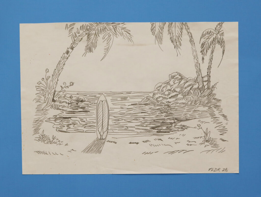 island landscape with palm trees and surfboards