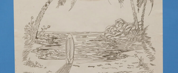island landscape with palm trees and surfboards
