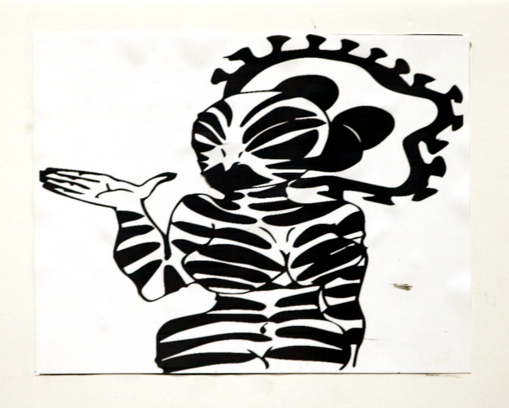 a female figure with stripes