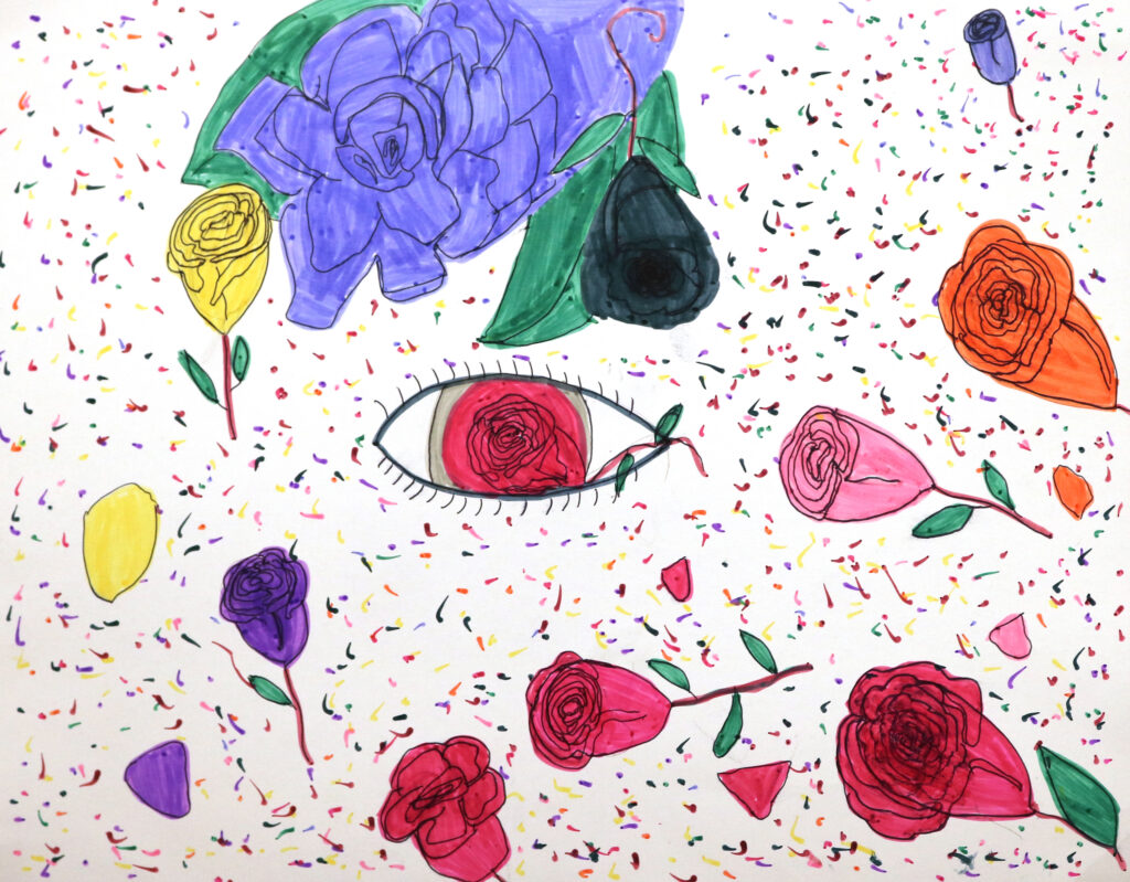 an eye with a rose for an iris along with many other roses