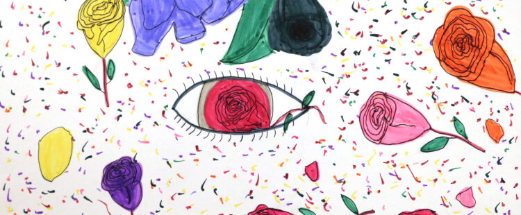 an eye with a rose for an iris along with many other roses