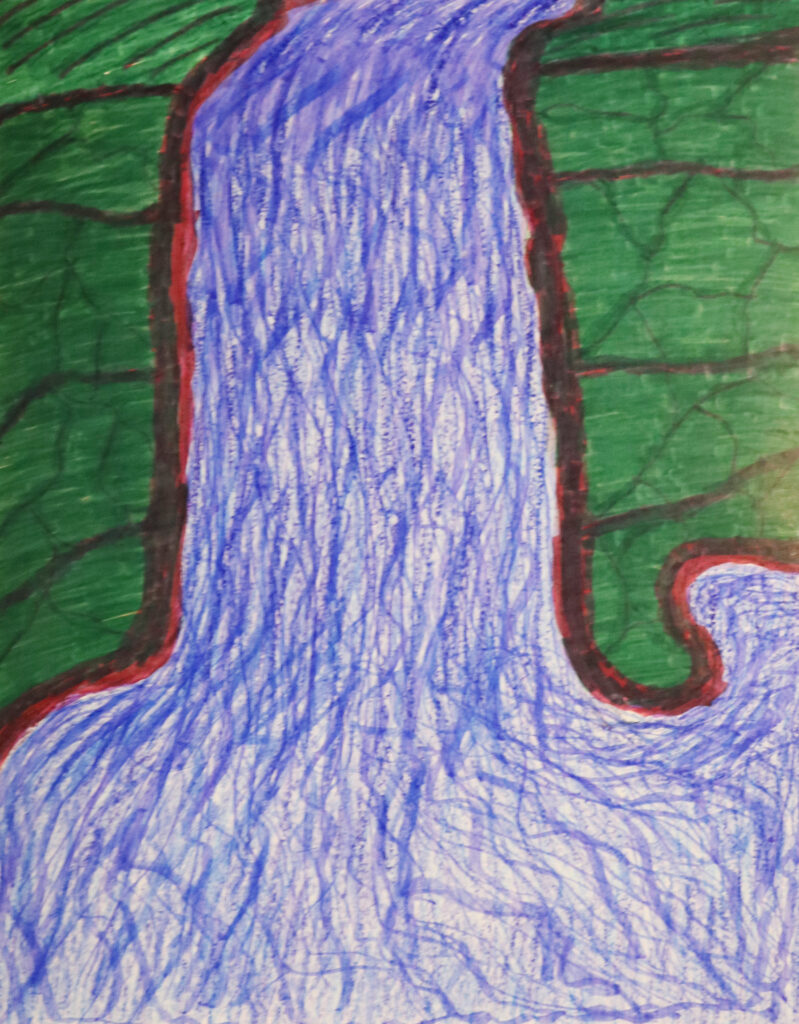 a waterfall in a lush background