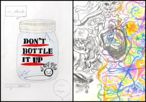 an image of two posers combined: 1. a jar that reads "Don't Bottle it Up" 2. a collage of items- a person balled up and crying, multiple faces, sad eyes, a human heart in black and white, along with colorful swirls and stars