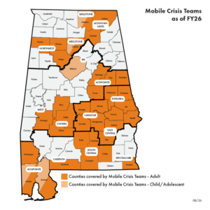 Map of AL showing which counties have mobile crisis teams